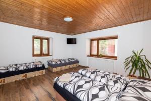 een kamer met 4 bedden en een houten plafond bij Apartmány Pod Řípem in Roudnice nad Labem