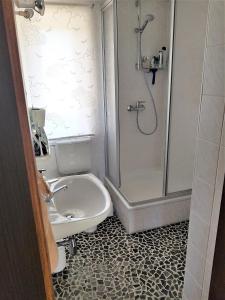 Haus Charenza 1 في Garz: حمام مع مرحاض ودش