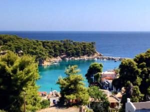 a view of a bay with trees and the ocean at Αlexandros apartment in Votsi