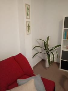 salon z czerwoną kanapą i rośliną w obiekcie APARTAMENTO BEDIESTA w mieście Santa Cruz de la Palma