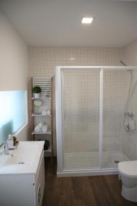 ein Bad mit einer Dusche, einem WC und einem Waschbecken in der Unterkunft Belém Lodge in Ponta Delgada