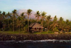 un complejo con palmeras y una montaña en el fondo en Relax Bali Dive & SPA ocean front resort, en Tulamben