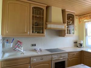 a kitchen with wooden cabinets and a sink at Ferienwohnung Am Laitenhang in Lohberg