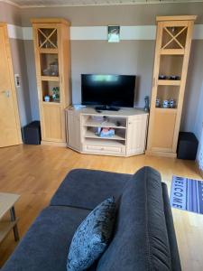 uma sala de estar com um sofá e uma televisão de ecrã plano em Ferienwohnung Am Laitenhang em Lohberg