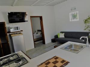 a kitchen and living room with a sink and a couch at Cosy Mango in Tamarin