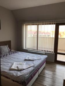 sypialnia z łóżkiem i dużym oknem w obiekcie Apartment Bonne Chance w mieście Sofia