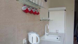 uma casa de banho com um WC, um lavatório e copos vermelhos em Apartment Leśniczówka em Radom