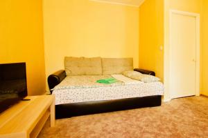 モスクワにあるKvartira na Minskoi 7の黄色い壁のベッドルーム1室(ソファ付)