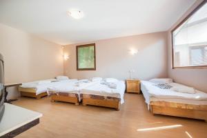 a room with three beds and a window at Стаи за гости АЯКС Guest rooms AJAX in Kranevo