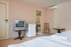 a bedroom with a bed and a television on a table at Стаи за гости АЯКС Guest rooms AJAX in Kranevo