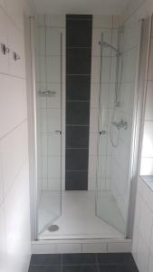 y baño con ducha y puerta de cristal. en Hefterwaldstüble, en Schramberg