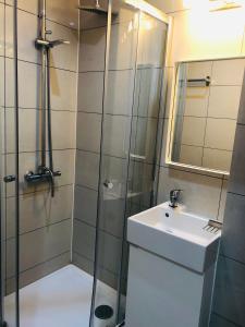 Un baño con ducha, lavabo y espejo. en Kensington and Chelsea Apartment, en Londres