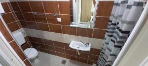 a bathroom with a sink and a toilet and a mirror at Vila Arsovi in Ohrid