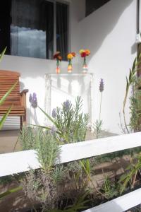 a white fence with flowers and a bench at Pousada Calu in Cunha