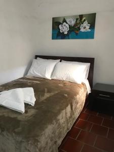 a bed with white pillows and a painting on the wall at Hostal Rous San Gil in San Gil