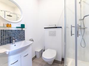 een badkamer met een toilet, een wastafel en een douche bij Sweet Inn -Dansaert in Brussel