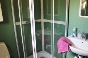 a green bathroom with a shower and a sink at Naturnära STUGA ULLARED in Ullared