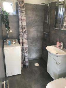 a bathroom with a sink and a toilet and a shower at Smeakalles in Tvååker