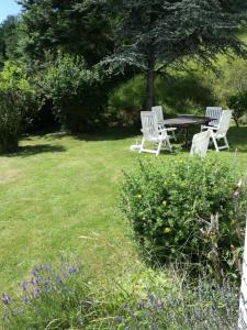 two white chairs and a picnic table in a yard at Les Tiennes in Treignes