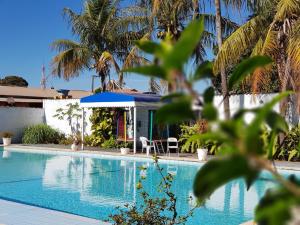 una piscina junto a una casa con palmeras en Esplanada Hotel, en Paraguaçu Paulista