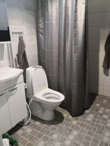 a bathroom with a toilet and a shower curtain at Vinkkeli in Tampere