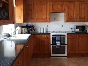 a kitchen with wooden cabinets and a stove top oven at Llandeilo Farmhouse in Llandeilo