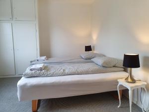 a bedroom with a bed with a lamp on it at Struer Town Apartment in Struer