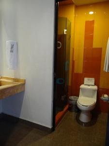 a bathroom with a toilet and a shower and a sink at Hotel Quinta Tlalpan in Mexico City +24 photos