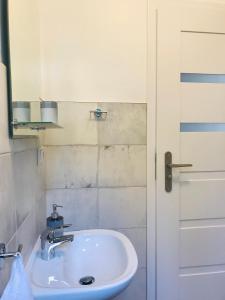 łazienka z umywalką, lustrem i drzwiami w obiekcie Zakątek Podolany w Poznaniu