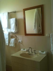 a bathroom with a sink and a mirror and towels at At the Gallery in Torquay