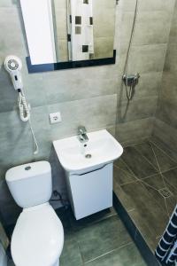 Un baño con inodoro, lavabo y ducha. en Нові Апартаменти, en Lyubomirka 3 fotos más