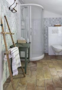 La salle de bains est pourvue d'une douche, de toilettes et d'un lavabo. dans l'établissement B&B le boissol, à Entrechaux