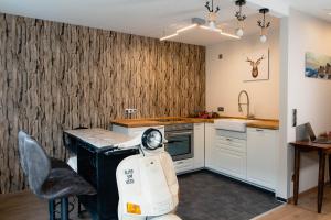 una cocina con una moto aparcada en una cocina en Apartment Schwarz Waldperle, en Bad Herrenalb