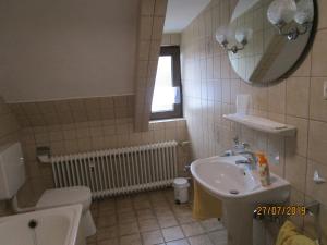 a bathroom with a sink and a toilet and a mirror at Ferienhaus Schöne Aussicht in Esch +29 photos