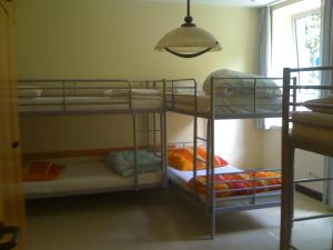 a bedroom with three bunk beds in a room at Hostel Flensburg in Flensburg