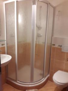 a shower in a bathroom with a toilet and a sink at Hotel Maria in Ostrava