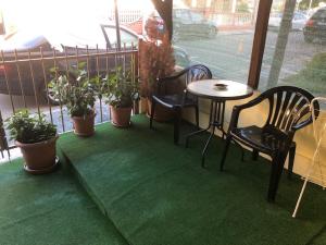 プリモルスコにあるEdelvais Guest Houseのバルコニー(テーブル、椅子、鉢植えの植物付)