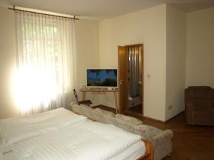 a bedroom with a bed and a flat screen tv at Hotel Villa Arnold in Bad Kissingen