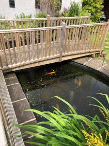 a bridge over a pond with a kite in it at Rest & Recharge - Koi House in Moston