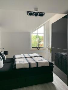 1 dormitorio con 1 cama en una habitación con ventana en Luxus Appartement Brühlervorstadt Erfurt en Erfurt