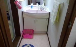 a small bathroom with a sink and a pink basket at FukuokaKoryou GuestHouse in Fukuoka +21 photos