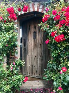 a wooden door with red roses growing around it at Copper's Cottage in Sheringham
