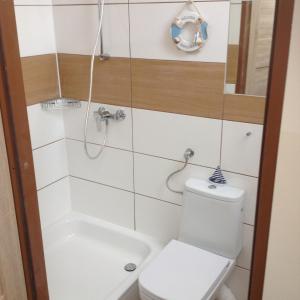 a small bathroom with a toilet and a shower at Casa del Mar free Parking Only Adults for Young U45yrs in Międzyzdroje +33 photos