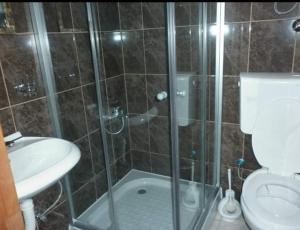 a bathroom with a shower with a toilet and a sink at Apartments EMERALD in Ulcinj