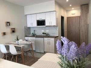 A kitchen or kitchenette at Lakones Deluxe Suites A