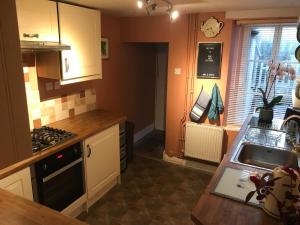 een keuken met een wastafel en een fornuis top oven bij Ham Tree Cottage in Trowbridge