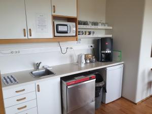 a small kitchen with a sink and a microwave at Hafnarnes in Höfn