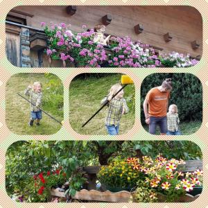 a collage of pictures of a man and a child in a garden at Gästehaus Lackner in Oberau