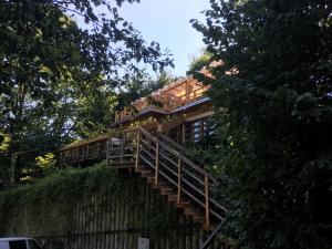 a house on top of a hill with stairs at Skay Loft in Braşov