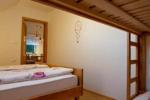 a bedroom with two beds and a mirror at Apartments Laznica in Cerkno